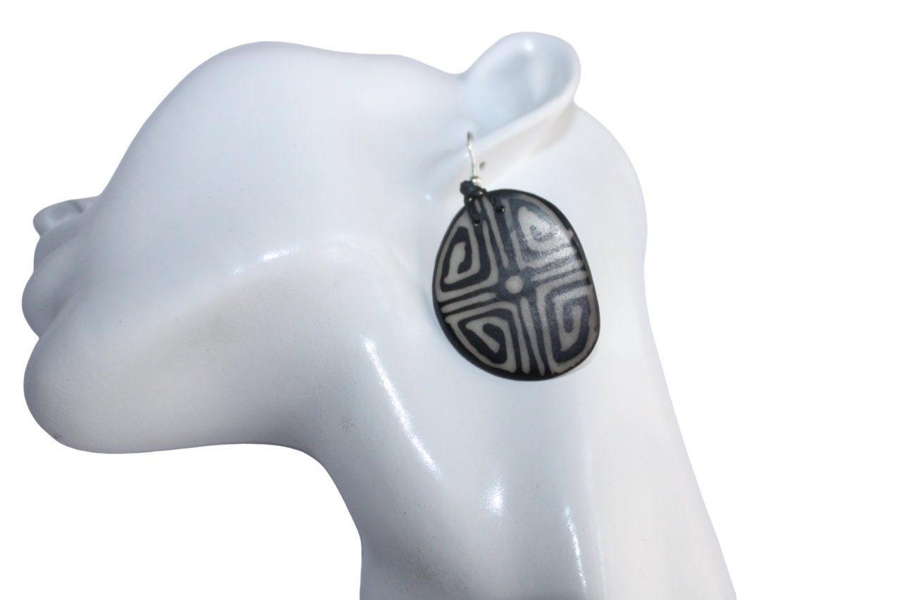 Tagua Earrings Black and White Pattern.