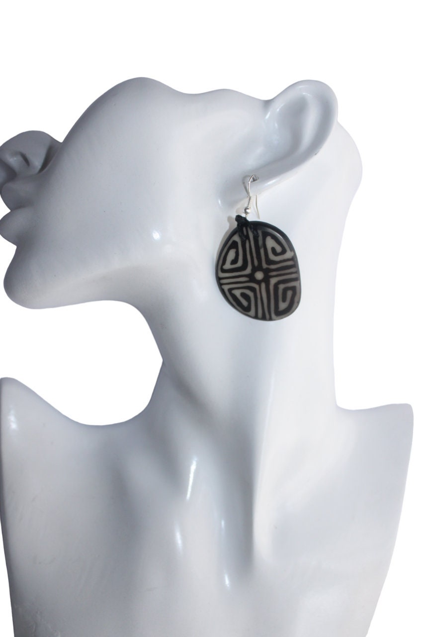 Tagua Earrings Black and White Pattern.