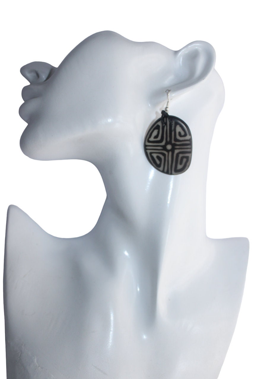 Tagua Earrings Black and White Pattern.