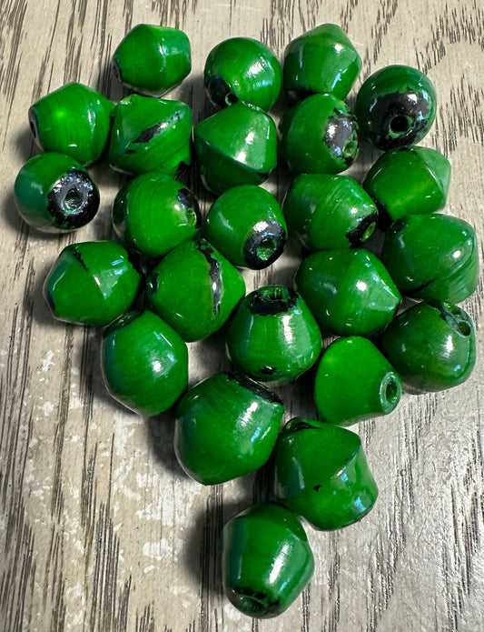 Tagua Bicone Beads. 15 Green Pieces.