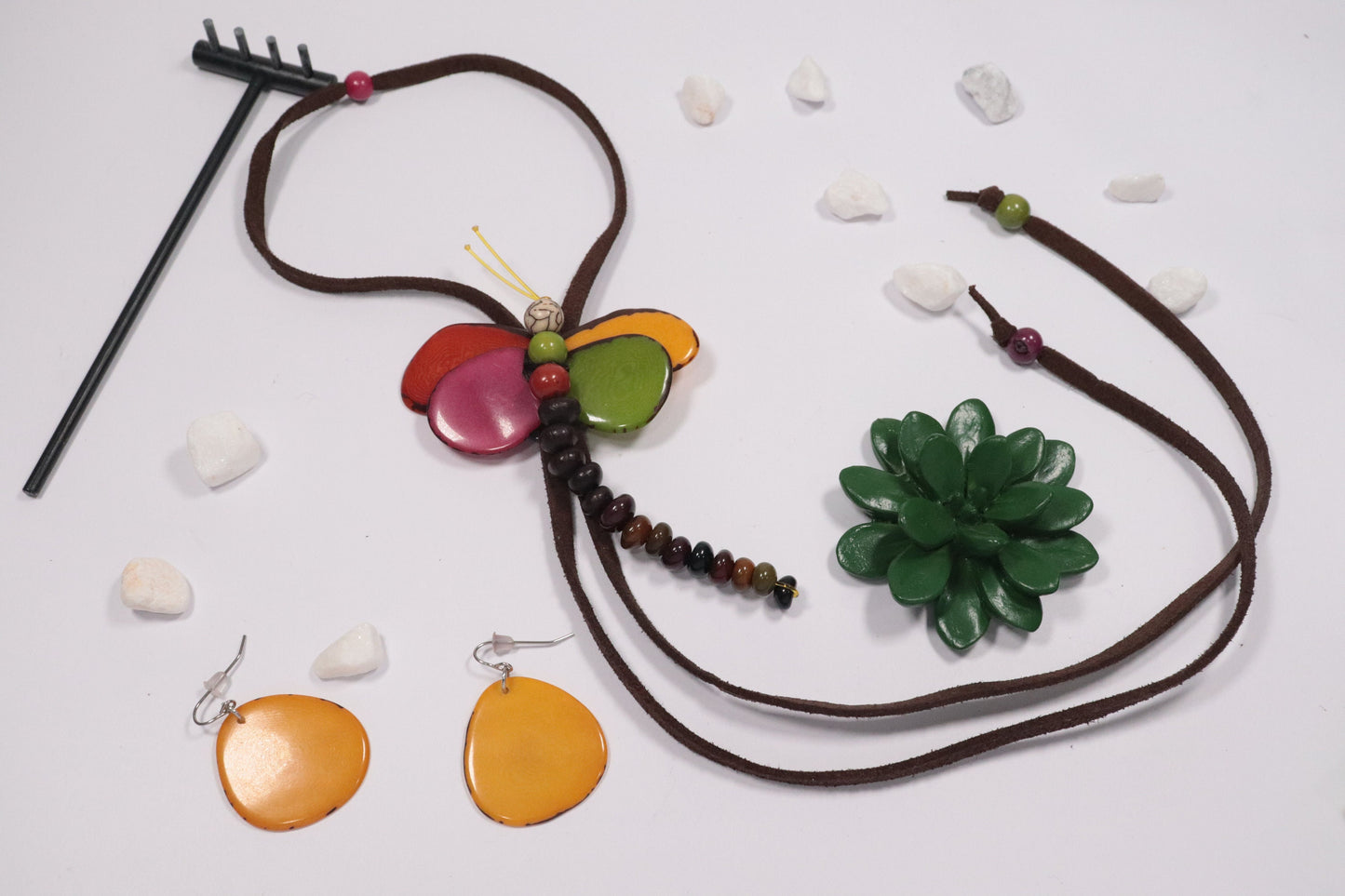 Natural Handmade Tagua Nut Jewelry Set Dragonfly Pendant Adjustable Necklace & Earrings  Organic Eco Sustainable Ethical Animal Insect DIY