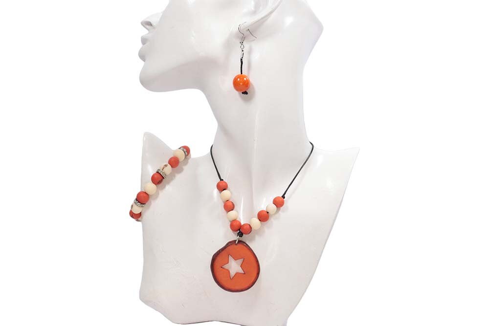 Tagua Pendant Necklace, Earrings and Bracelet Set in Orange Color