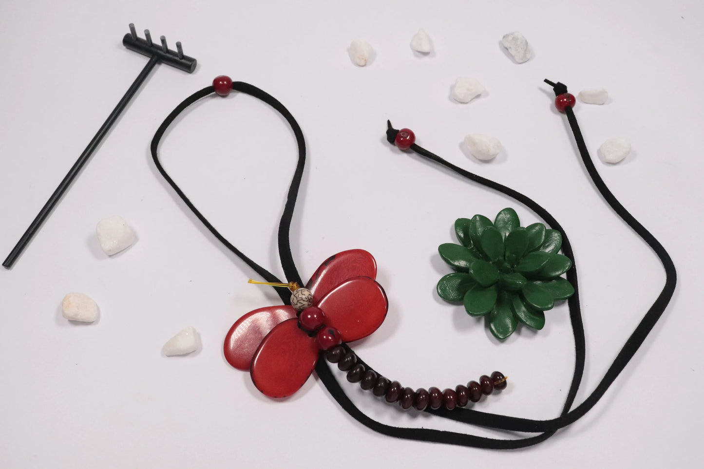 Tagua Pendant Necklace Dragonfly Shaped Red Set.