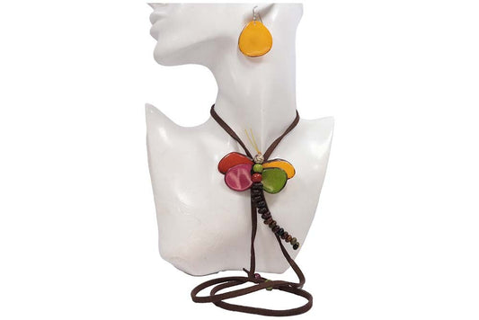 Natural Handmade Tagua Nut Jewelry Set Dragonfly Pendant Adjustable Necklace & Earrings  Organic Eco Sustainable Ethical Animal Insect DIY