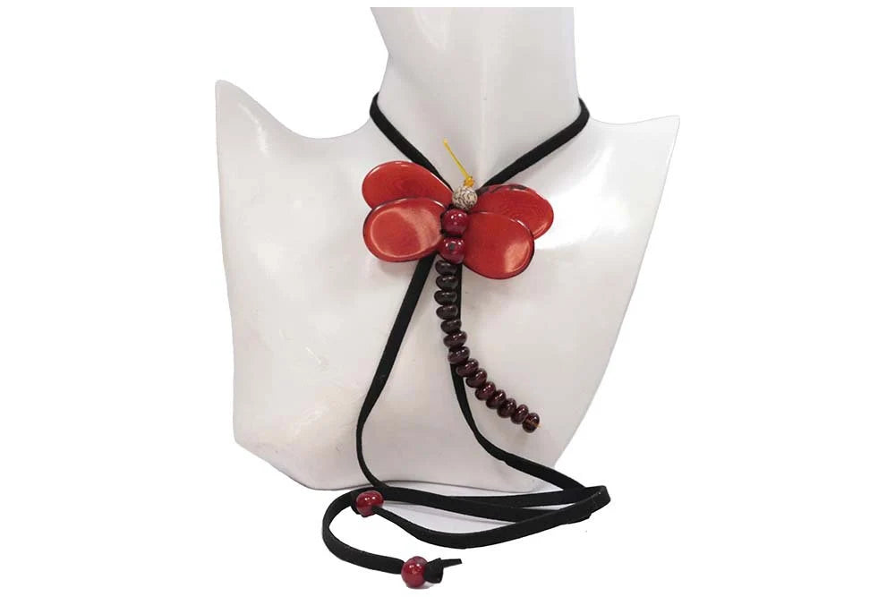 Tagua Pendant Necklace Dragonfly Shaped Red Set.