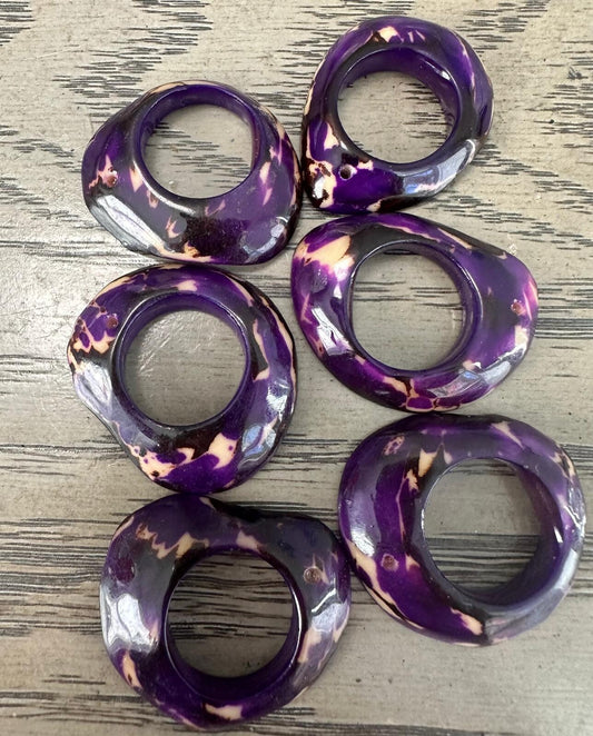 Tagua Thick Hoop Beads. 5 Purple Pieces.