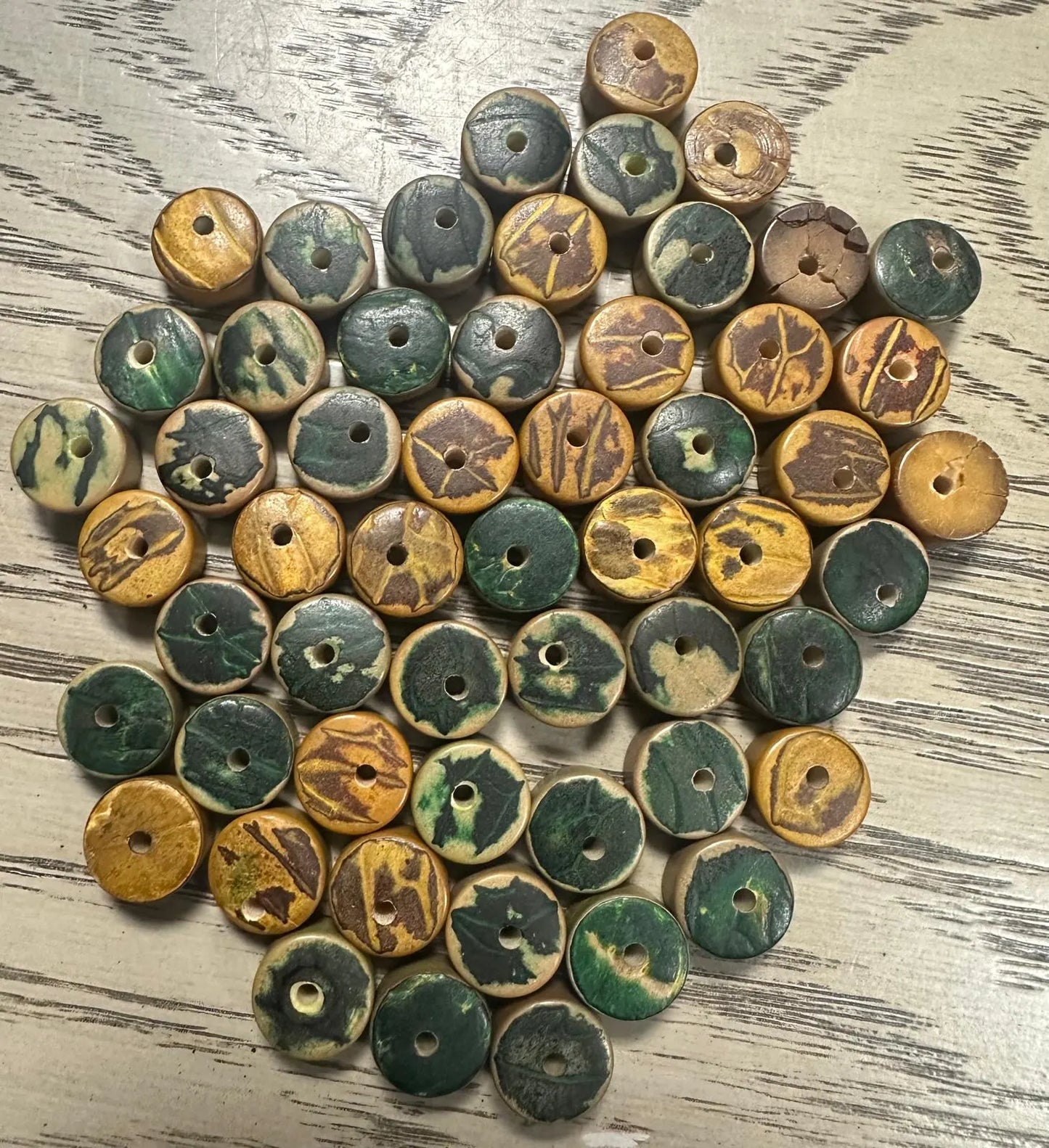 Tagua Donut Beads. 30 Mini Green and Yellow Pieces.