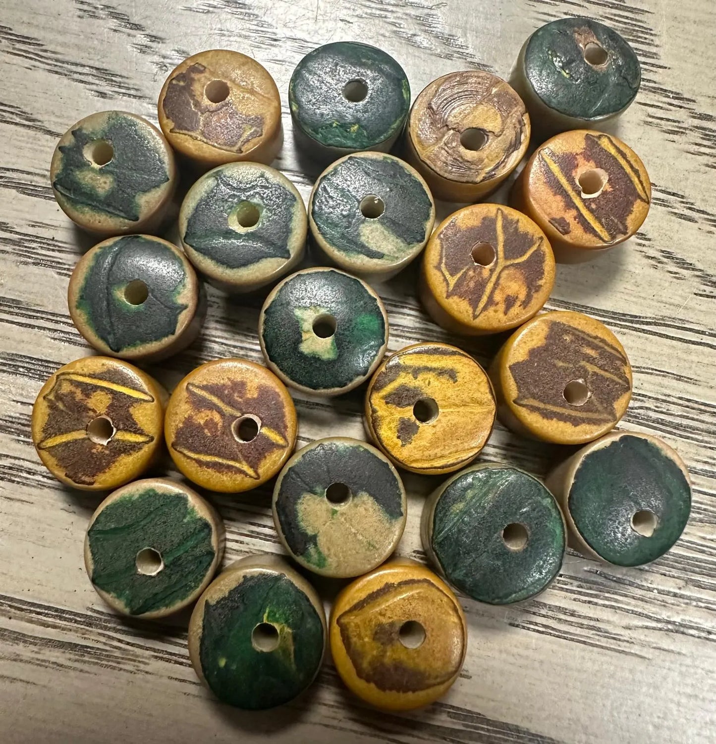 Tagua Donut Beads. 30 Mini Green and Yellow Pieces.