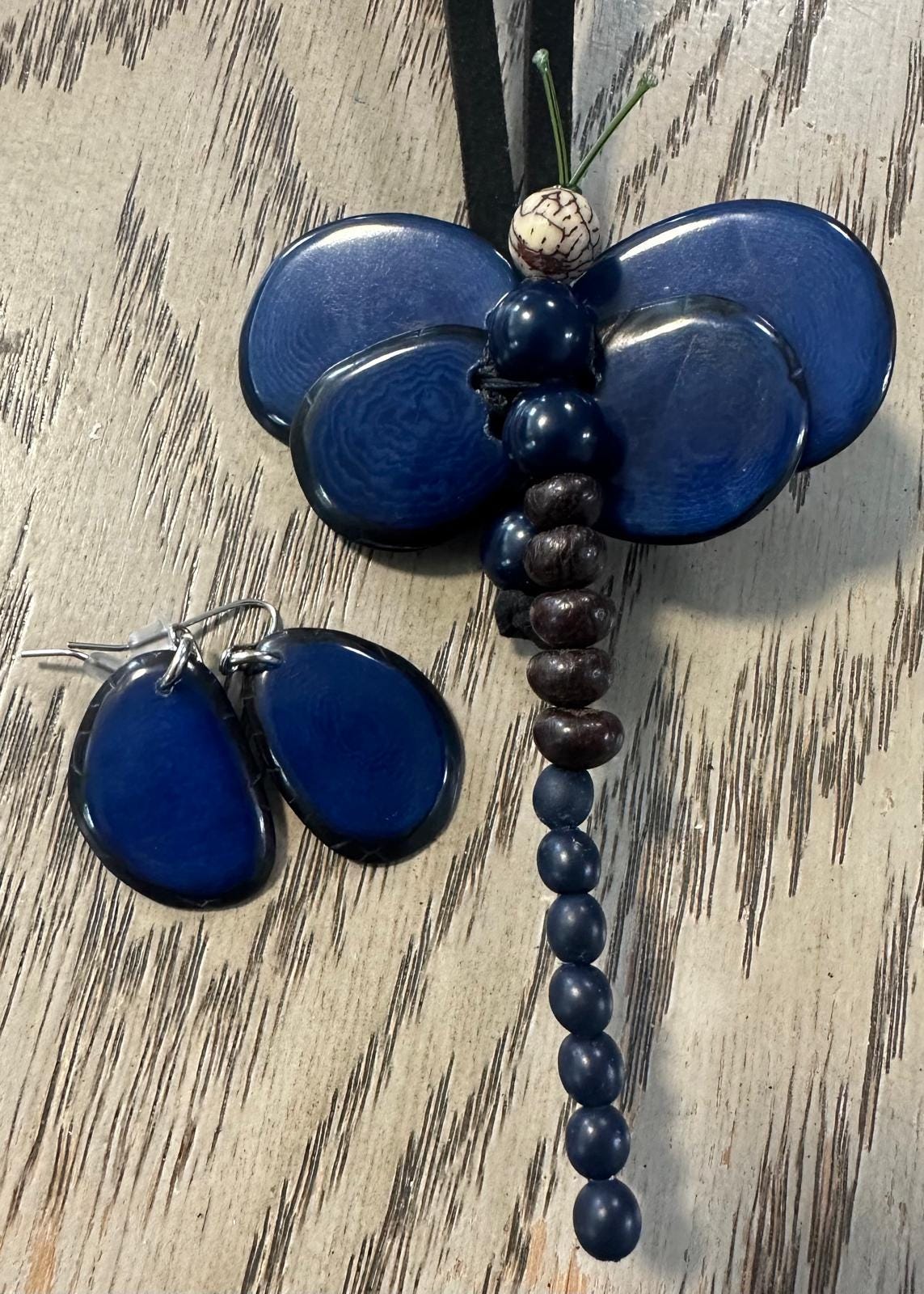 Natural Handmade Tagua Nut Jewelry Set Dragonfly Pendant Adjustable Necklace & Earrings  Organic Eco Sustainable Ethical Animal Insect DIY