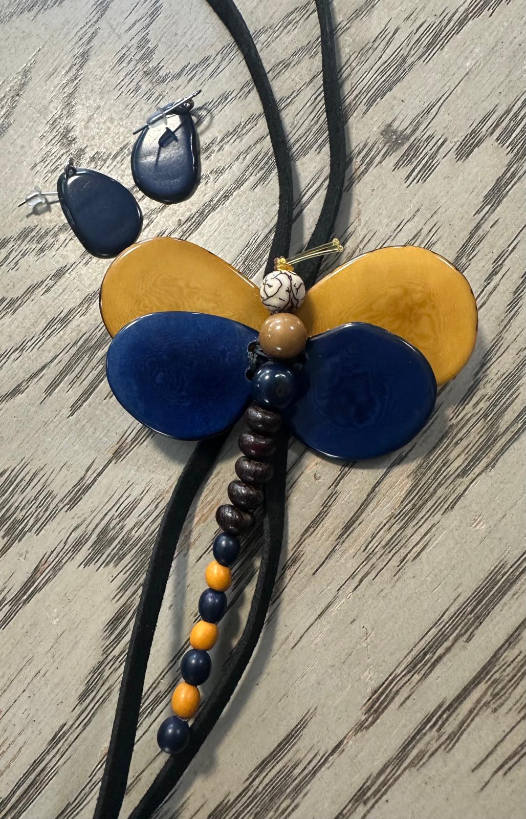 Natural Handmade Tagua Nut Jewelry Set Dragonfly Pendant Adjustable Necklace & Earrings  Organic Eco Sustainable Ethical Animal Insect DIY