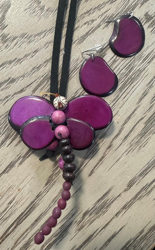 Natural Handmade Tagua Nut Jewelry Set Dragonfly Pendant Adjustable Necklace & Earrings  Organic Eco Sustainable Ethical Animal Insect DIY