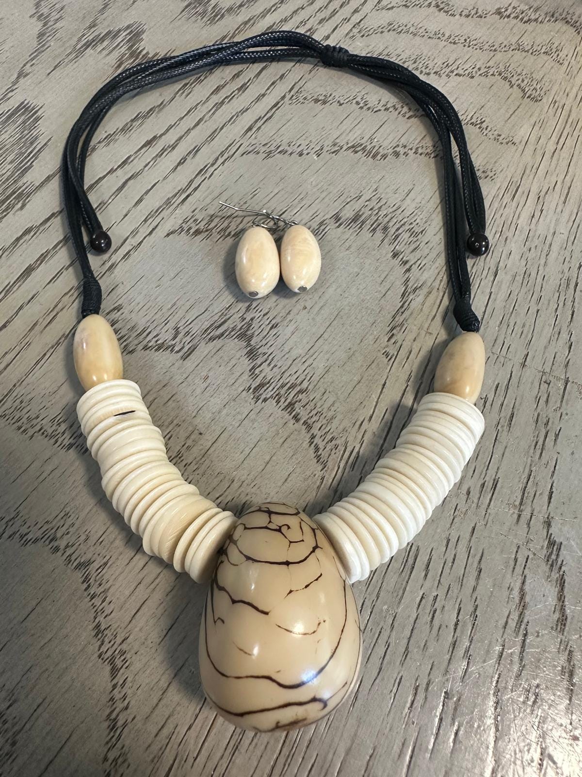 Natural Handmade Jewelry Set in Tagua Nut Seed Beads Necklace & Earrings Adjustable Eco Organic Sustainable Vegan Gift for Her Women DIY