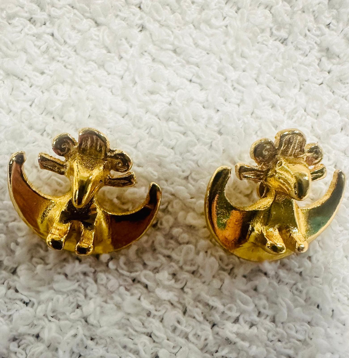 Fine Jewelry Bird on Half Moon Stud Earrings PreColumbian PreHispanic Indigenous Culture from Colombia 24K Gold Plated Pewter Handcrafted