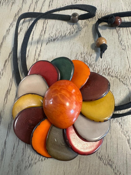 Tagua Handmade Sustainable Jewelry Adjustable Set Flower Pendant Necklace & Earrings Natural Gift for her Eco Tagua Nut Vegan Seed Beads DIY