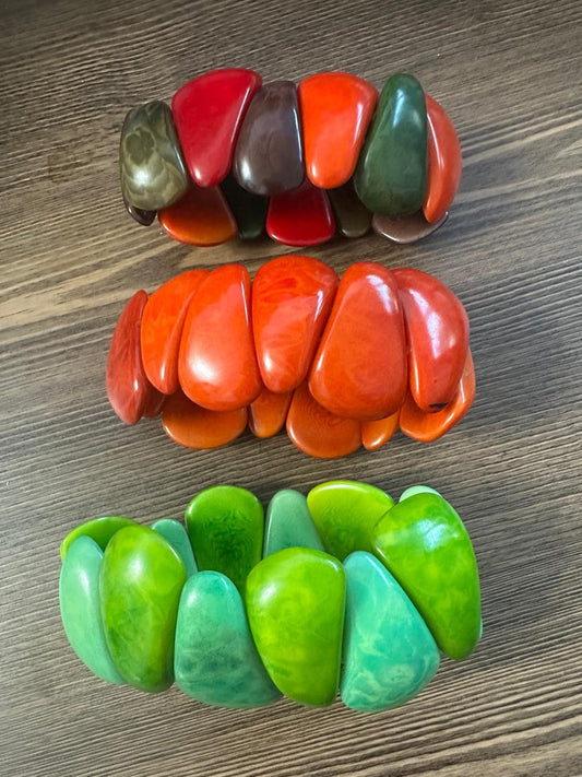 Tagua Nut Bracelet Handmade in Colombia Jewelry for Women Multicolor Eco Sustainable Organic Natural Stretch Bracelet Orange Green Brown DIY