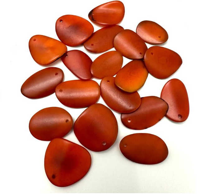 Tagua beads. Mini slices curved in nail shape. Orange slices, beads, chips in orange. Top Drilled. 30 pieces. Eco Jewelry Making Supplies.