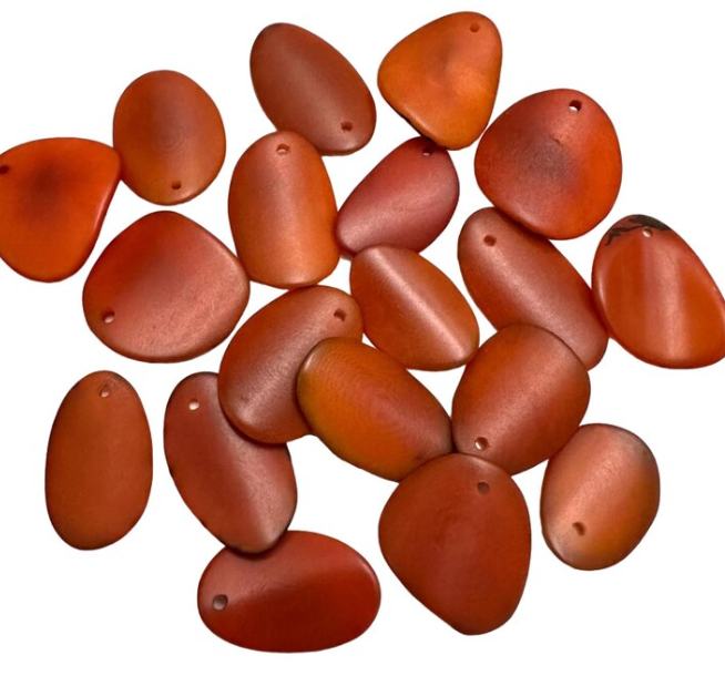 Tagua beads. Mini slices curved in nail shape. Orange slices, beads, chips in orange. Top Drilled. 30 pieces. Eco Jewelry Making Supplies.