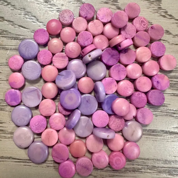 Flat Coin Shaped Tagua | 50 Mini Round Beads Mix of Pink and Lilac | Eco Ethical Jewelry Making Carving Woodwork | Side Drilled Beading Eco