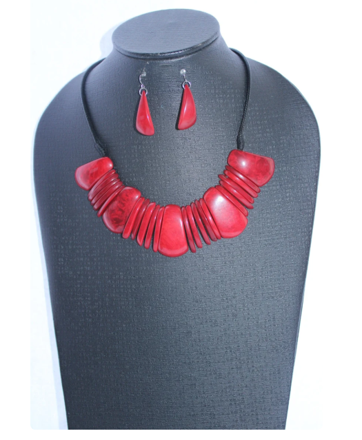 Tagua Set of Earrings and Necklace with red, sticks. Handmade. Natural jewelry. Organic.