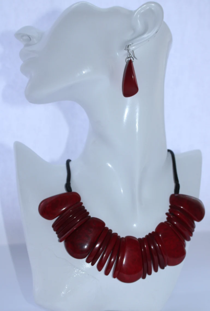 Tagua Set of Earrings and Necklace with red, sticks. Handmade. Natural jewelry. Organic.