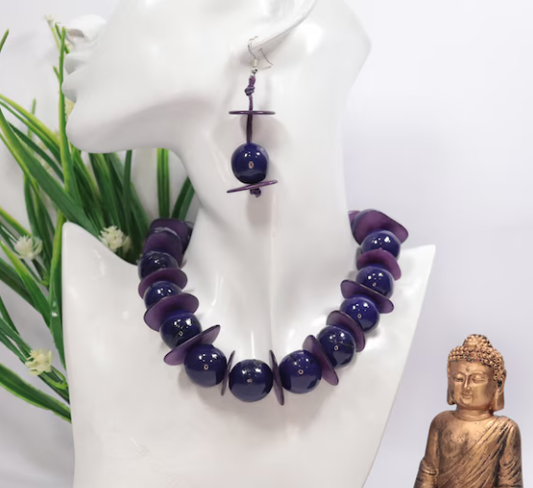 Sustainable Jewelry Set Earrings and Necklace Handcrafted with Boombona Seeds and Tagua Nut Slices Purple Color Eco Jewelry from Colombia