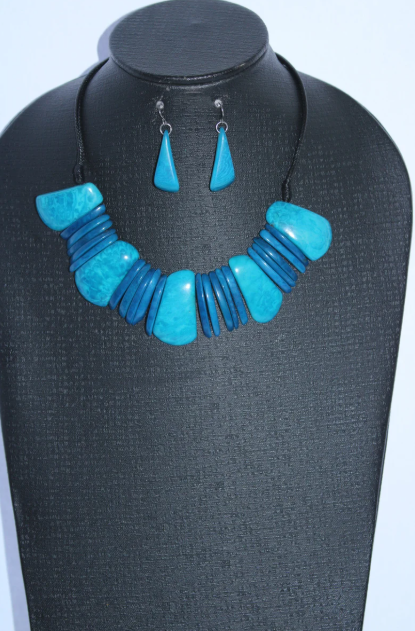 Tagua Jewelry Necklace and Earrings Set in Blue Tagua Nut Ethical Eco Sustainable Jewelry Handmade in Colombia by Women Artisans