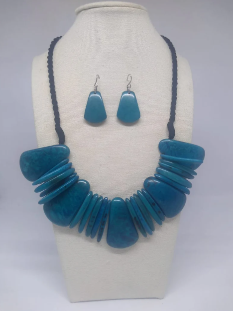 Tagua Jewelry Necklace and Earrings Set in Blue Tagua Nut Ethical Eco Sustainable Jewelry Handmade in Colombia by Women Artisans