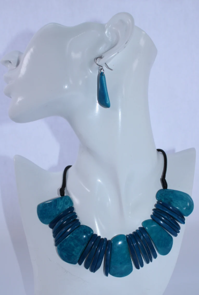 Tagua Jewelry Necklace and Earrings Set in Blue Tagua Nut Ethical Eco Sustainable Jewelry Handmade in Colombia by Women Artisans