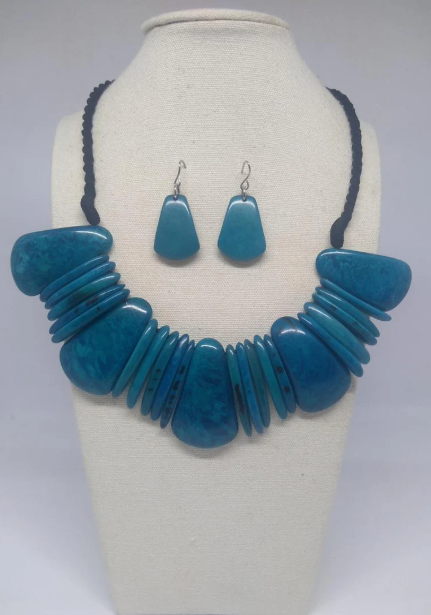 Tagua Jewelry Necklace and Earrings Set in Blue Tagua Nut Ethical Eco Sustainable Jewelry Handmade in Colombia by Women Artisans