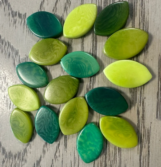 Tagua Nut Beads Leaf Shape | Mix of green colors | Vertical Top Drilled | 16 Tagua Seed Beads | 1x0.6 Inches approx. Eco Ethical Jewerly