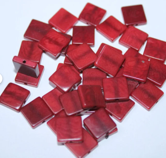 Tagua Bead Square Shape | 15 Tagua Mini Squares in Red Color | Size: 1 x 1 cm. | Vertical Top Drilled Eco Jewelry Making Natural Seed Beads