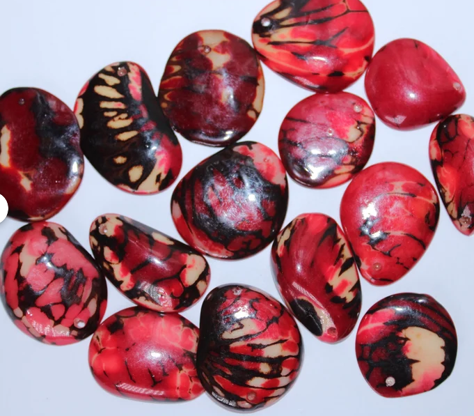 Tagua Oval Beads in Red. Natural Seed from Colombia Rainforest. 15 Beads 1.1 x 0.9 inc. approx. Top Drilled. Eco Natural Jewelry Making DIY