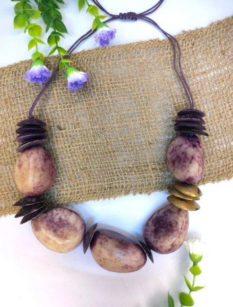 Mother's Day Tagua Necklace Purple and beige. Handmade. Natural jewelry by Colombian Women Artisans. Eco-Friendly Jewelry
