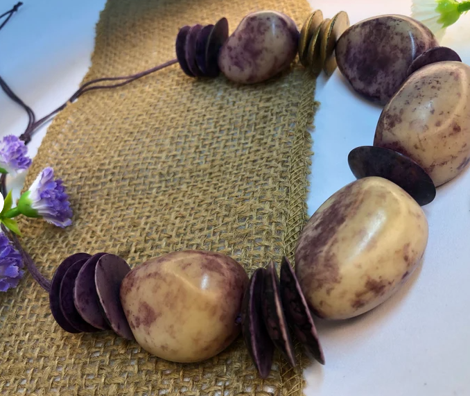 Mother's Day Tagua Necklace Purple and beige. Handmade. Natural jewelry by Colombian Women Artisans. Eco-Friendly Jewelry