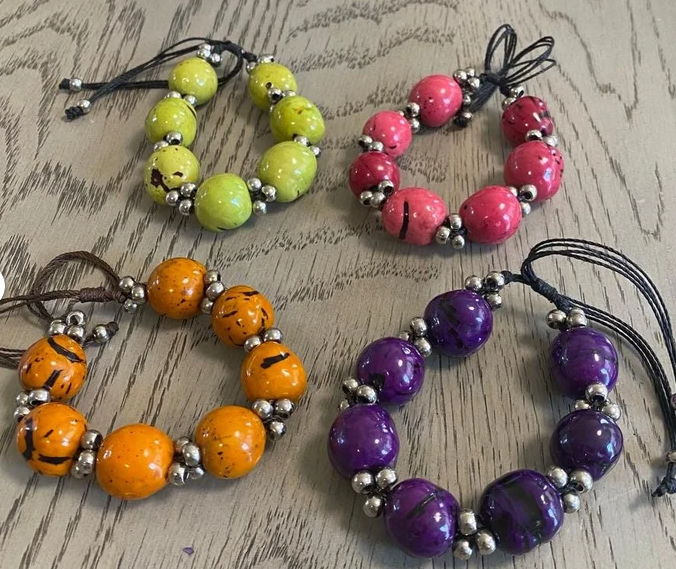 Exotic Stretch Bracelet Made of Bombona Seed | 4 Colors: Purple Orange Pink Green | Natural Jewelry Eco Sustainable Jewelry from Colombia