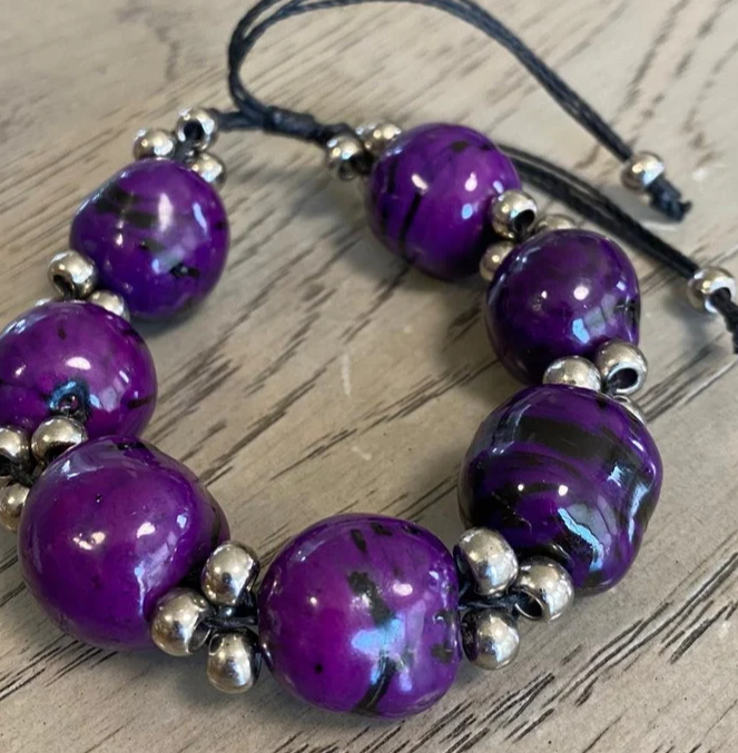 Exotic Stretch Bracelet Made of Bombona Seed | 4 Colors: Purple Orange Pink Green | Natural Jewelry Eco Sustainable Jewelry from Colombia