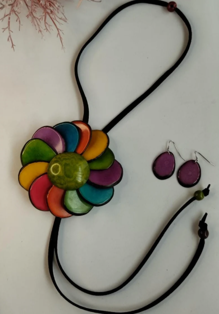 Tagua nut multicolor flower pendant necklace & earrings set handmade eco friendly natural tagua jewelry sustainable vegan jewelry