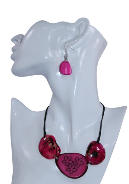 Mother's Day Tagua Necklace, Earrings Set. Color Pink Exotic Jewelry Handmade with Tagua from Colombia. Sustainable Jewelry, Natural.