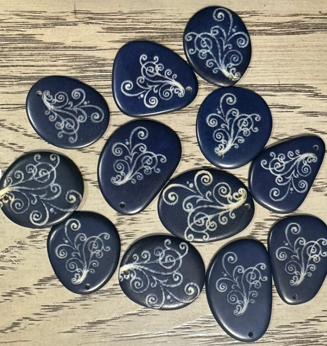 Tagua Nut Beads Laser Engraved Slices 16 Tagua Chips Slices Dark Blue Small Size Handmade Ethical Eco Sustainable Jewelry Making Seed Beads