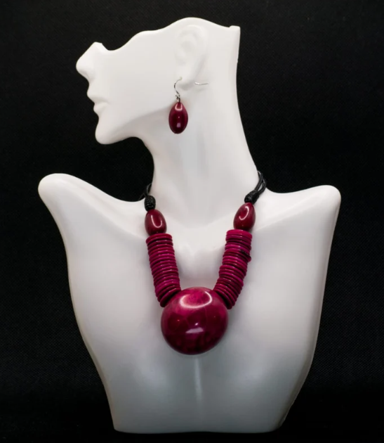 Christmas Gift Women Tagua Dark Pink Tagua Nut Ethical Sustainable Jewelry Set Necklace & Earrings Holiday Gift Unique Handmade in Colombia