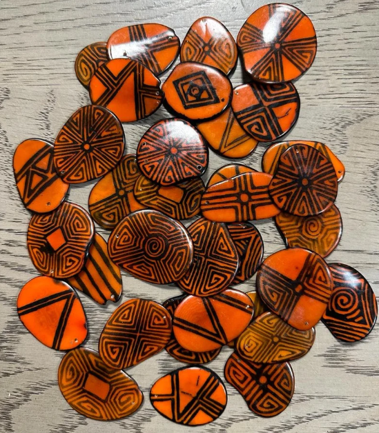 Tagua Slices, Tagua Chips. 20 Orange and Black Pattern. 15 Beads. Mix of Orange Patterns. Handpainted. Natural Jewelry Supplies. Top Drilled