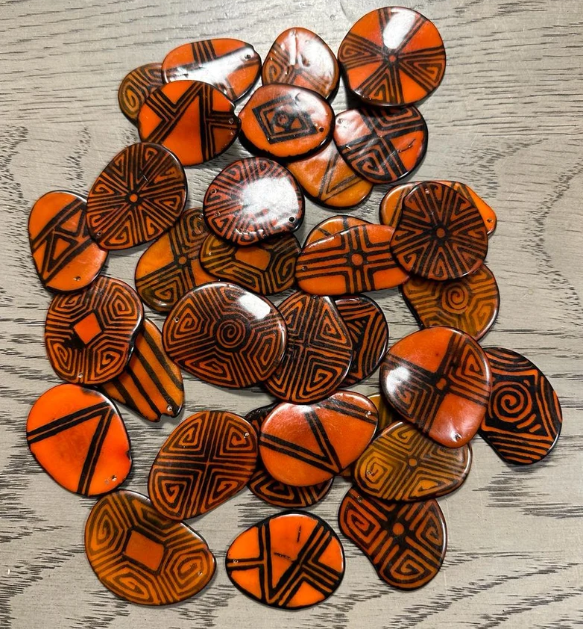 Tagua Slices, Tagua Chips. 20 Orange and Black Pattern. 15 Beads. Mix of Orange Patterns. Handpainted. Natural Jewelry Supplies. Top Drilled