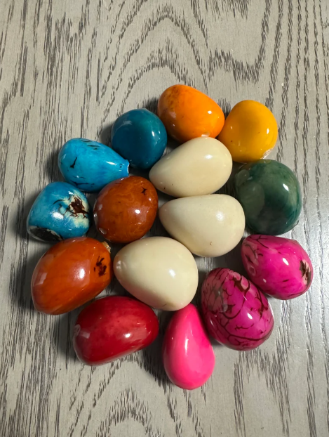 Tagua Nut. 15 Pieces in 8 colors. Top Drilled. Size: 2x1.5 inch. approx. Eco Sustainable Jewelry Making Woodwork Carving Natural Vegan Beads