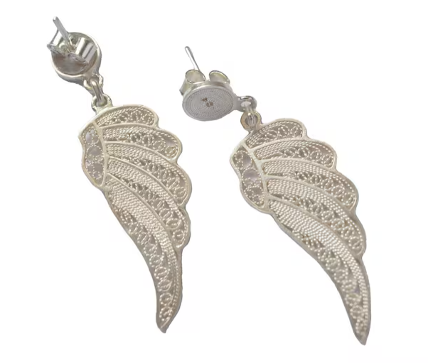 Filigree Pre-Columbian Wings Shape Silver Fine Lacy Filigree Earrings Design Based on Colombian Zenu Indigenous Culture Handcradfted Mompox