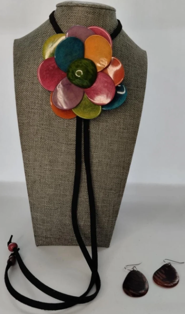 Mother's Day Multicolor Tagua flower pendant necklace & earrings set. Handmade, Eco Friendly, natural tagua jewelry, organic necklace.