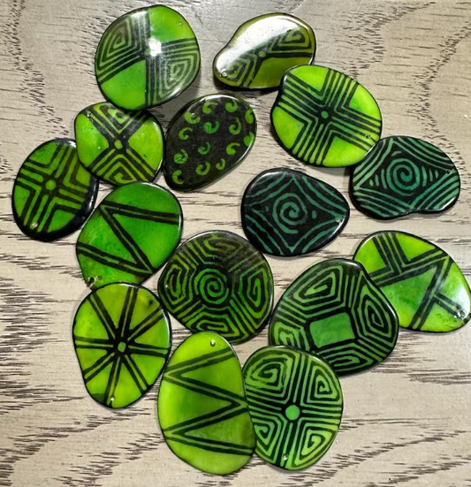 Tagua Slices, Tagua Chips. 20 Green and Black Pattern Tagua Slices. Mix of Green Patterns. Handpainted Natural Jewelry Supplies. Top Drilled