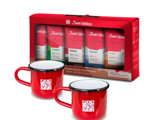 Coffee Lover Gift Box from Juan Valdez. Coffee 5 Sachets + 2 mugs of peltre